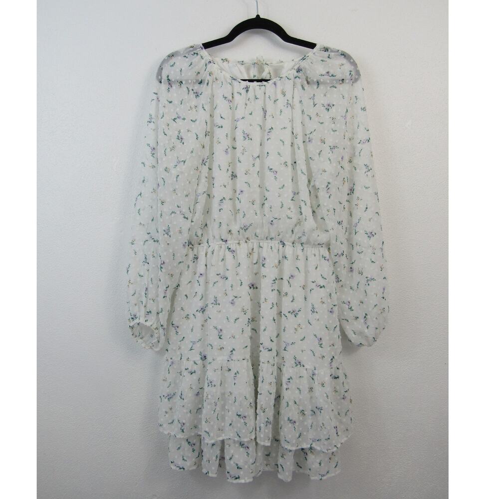 AQUA Large White Floral Long Sleeve Mini Dress Semi Sheer Romantic Girly Ruffles